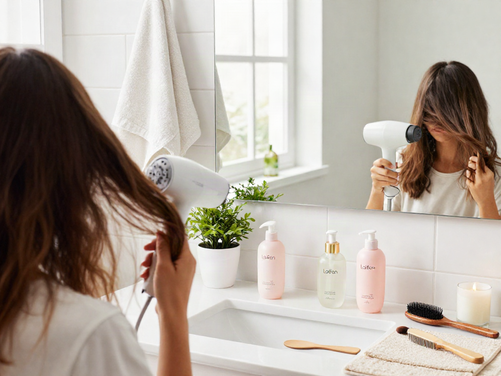 Eine Person, die den Laifen Haartrockner benutzt, um ihre Haare in einem stilvollen Badezimmer zu stylen, umgeben von Beauty-Produkten.
