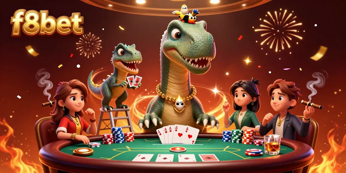 Experience the thrilling f8bet scene with a giant brontosaurus at a vibrant poker table.