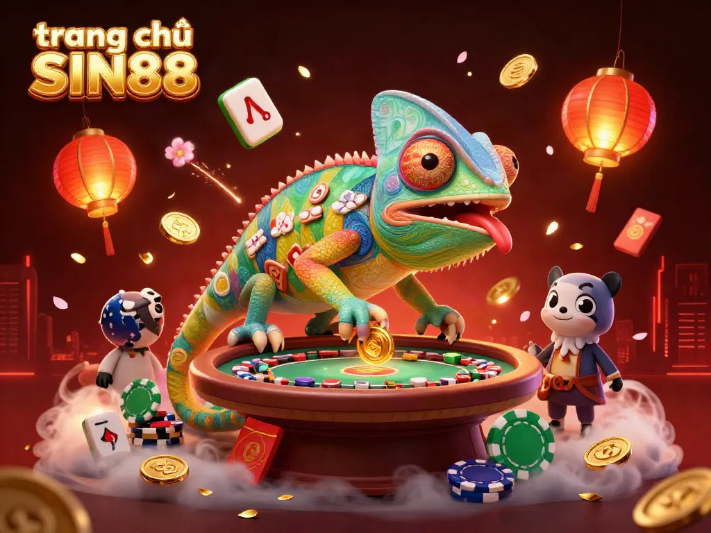 Experience thrilling gaming at trang chủ SIN88 with vibrant chameleon mascot amidst festive casino elements.