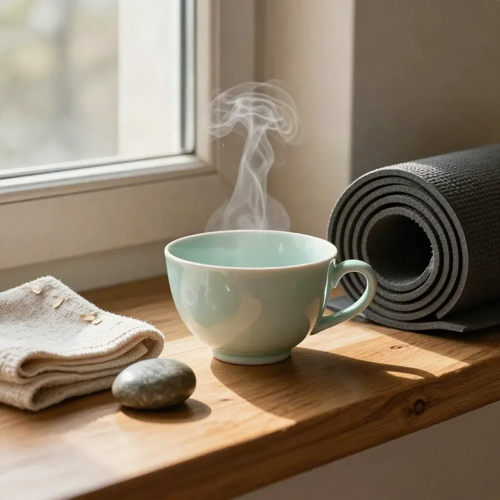 Teetasse, Leinenhandtuch, Meditationsstein und gerollte Matte auf einem hellen Fensterbrett.