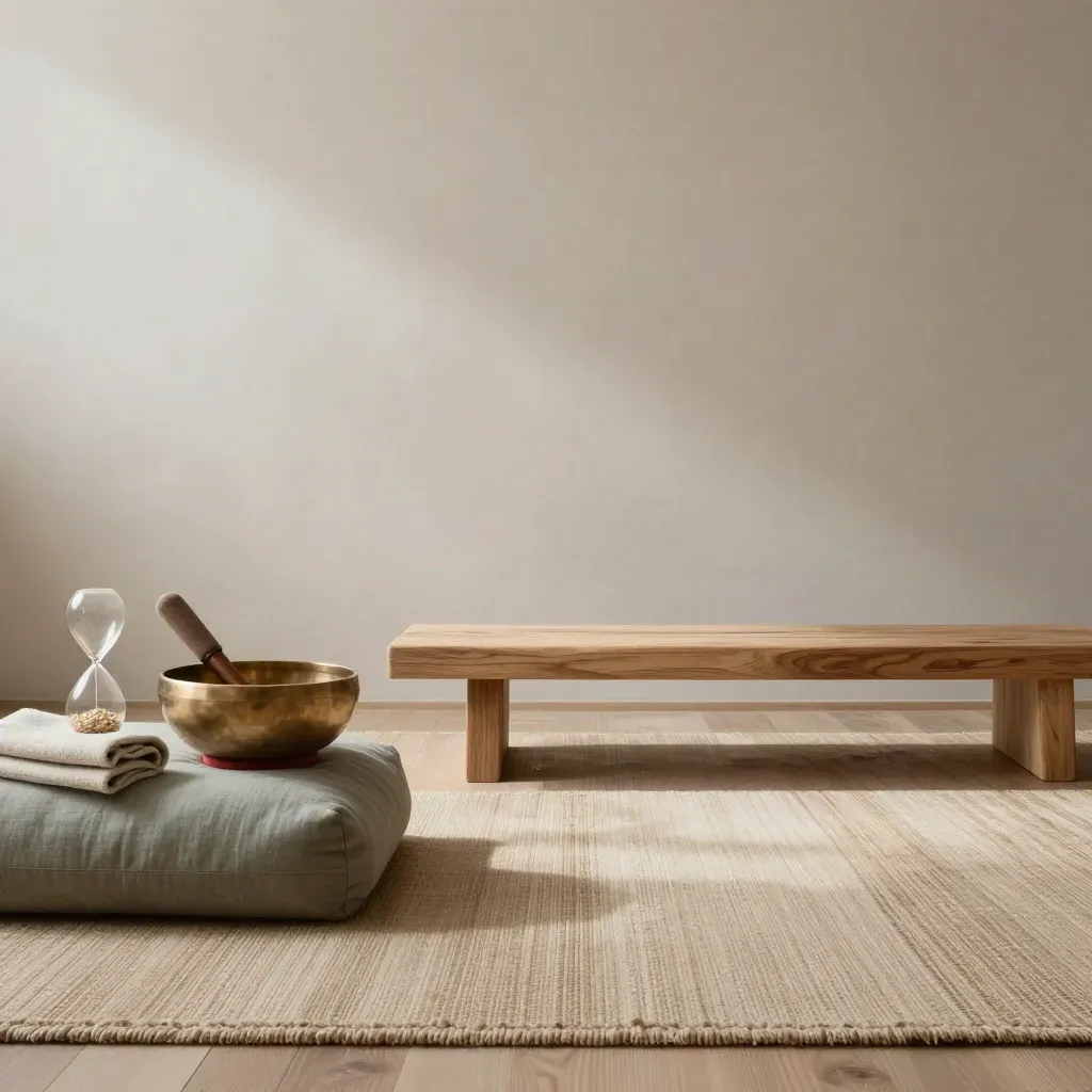 Ruhiger Coaching-Raum mit Meditationskissen, Sanduhr und Eichenholz, Licht von links.