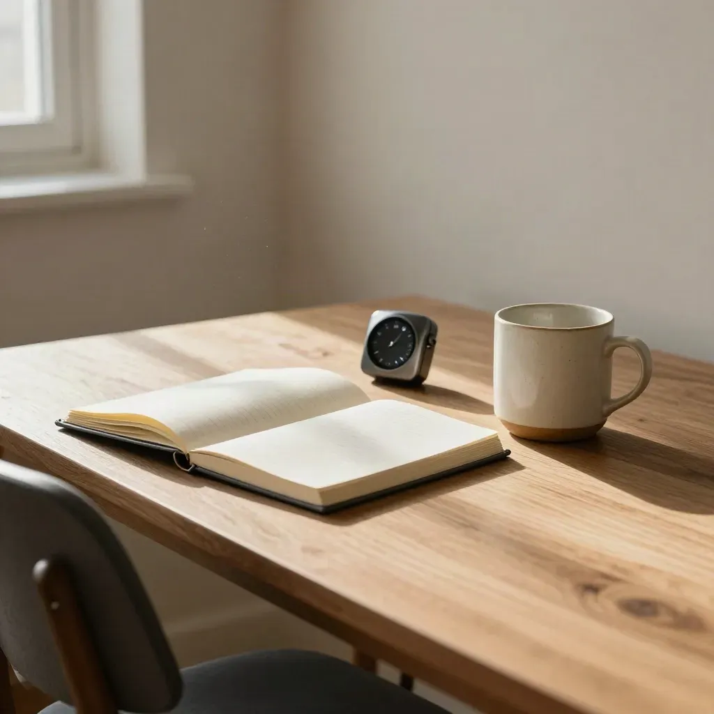 Stille Fokus-Ecke mit Journal, Timer, Becher und zurückgeschobenem Stuhl im warmen Fensterlicht.