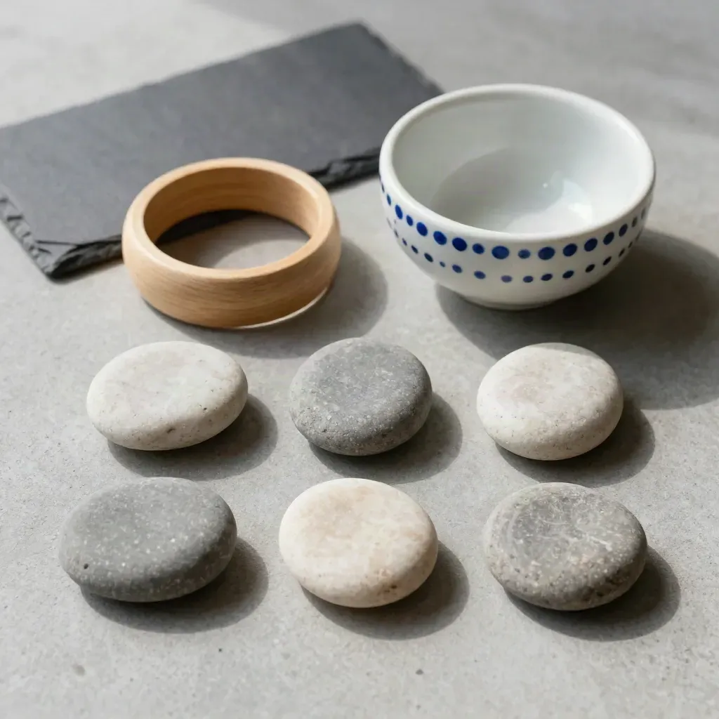 Sortierte Kiesel, Holzring und Schale auf Beton, von oben, ruhig und präzise.