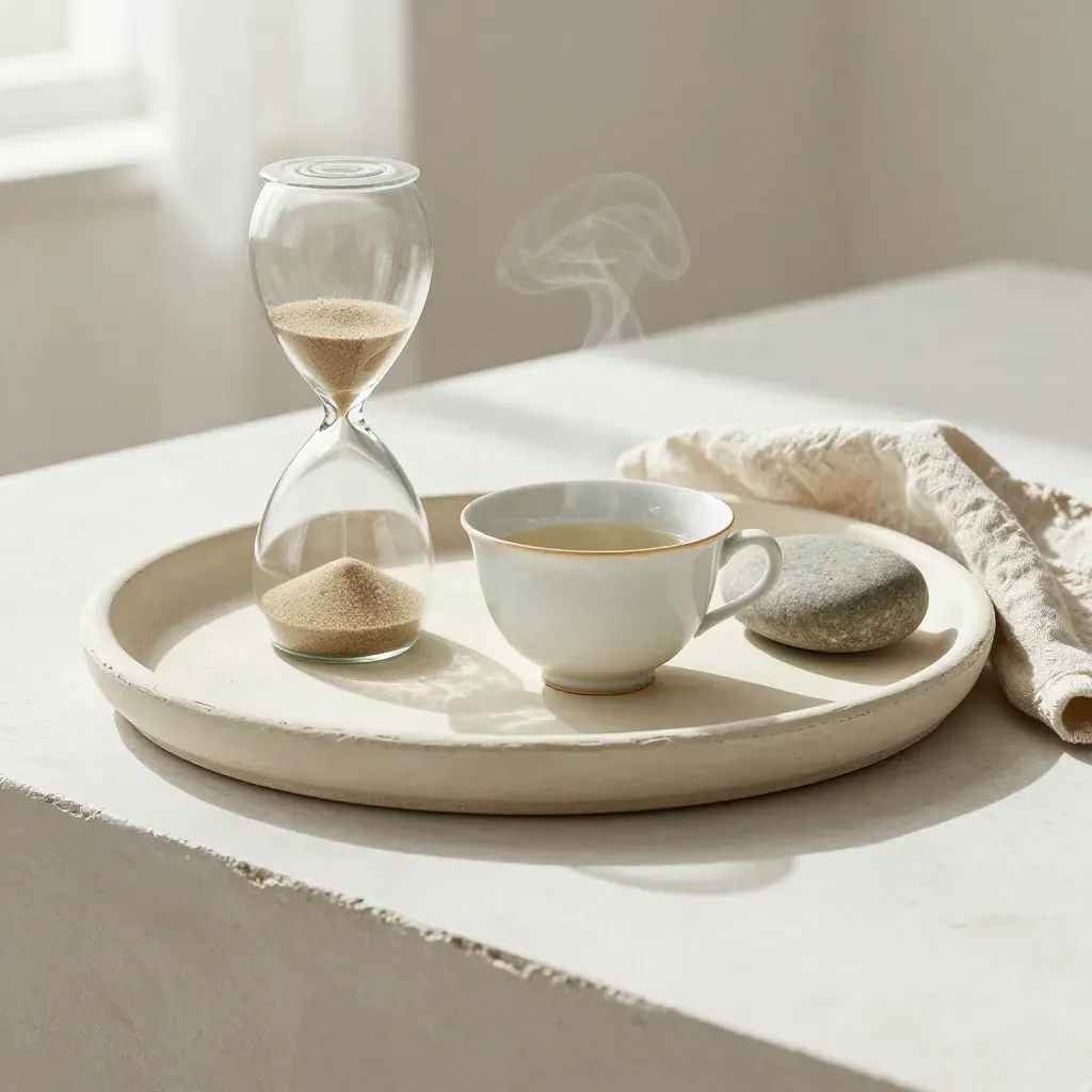 Abgenutztes Ritual-Tablett mit Sanduhr, Teetasse und Stein auf hellem Putz.