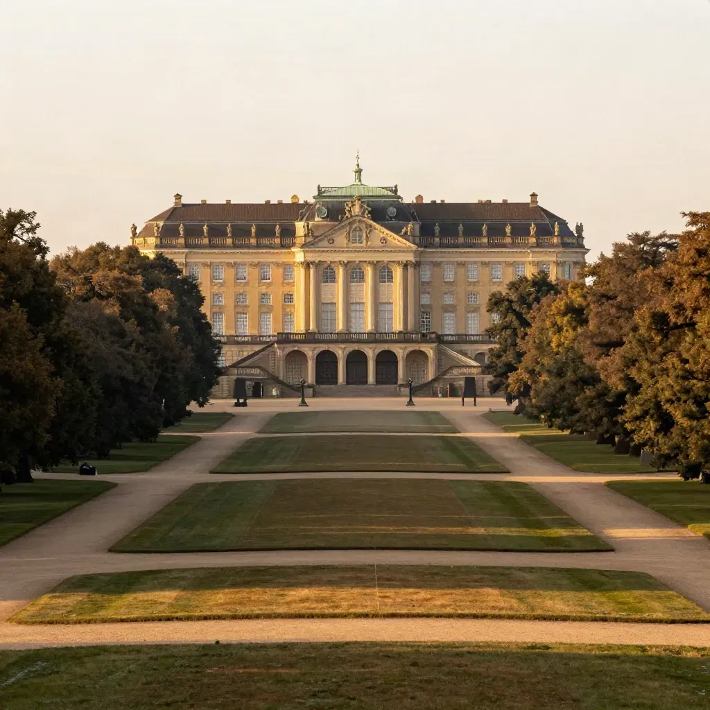 Sanssouci-Park mit Schlossdach, alten Bäumen und goldener Abendstimmung über ruhigen Rasenflächen