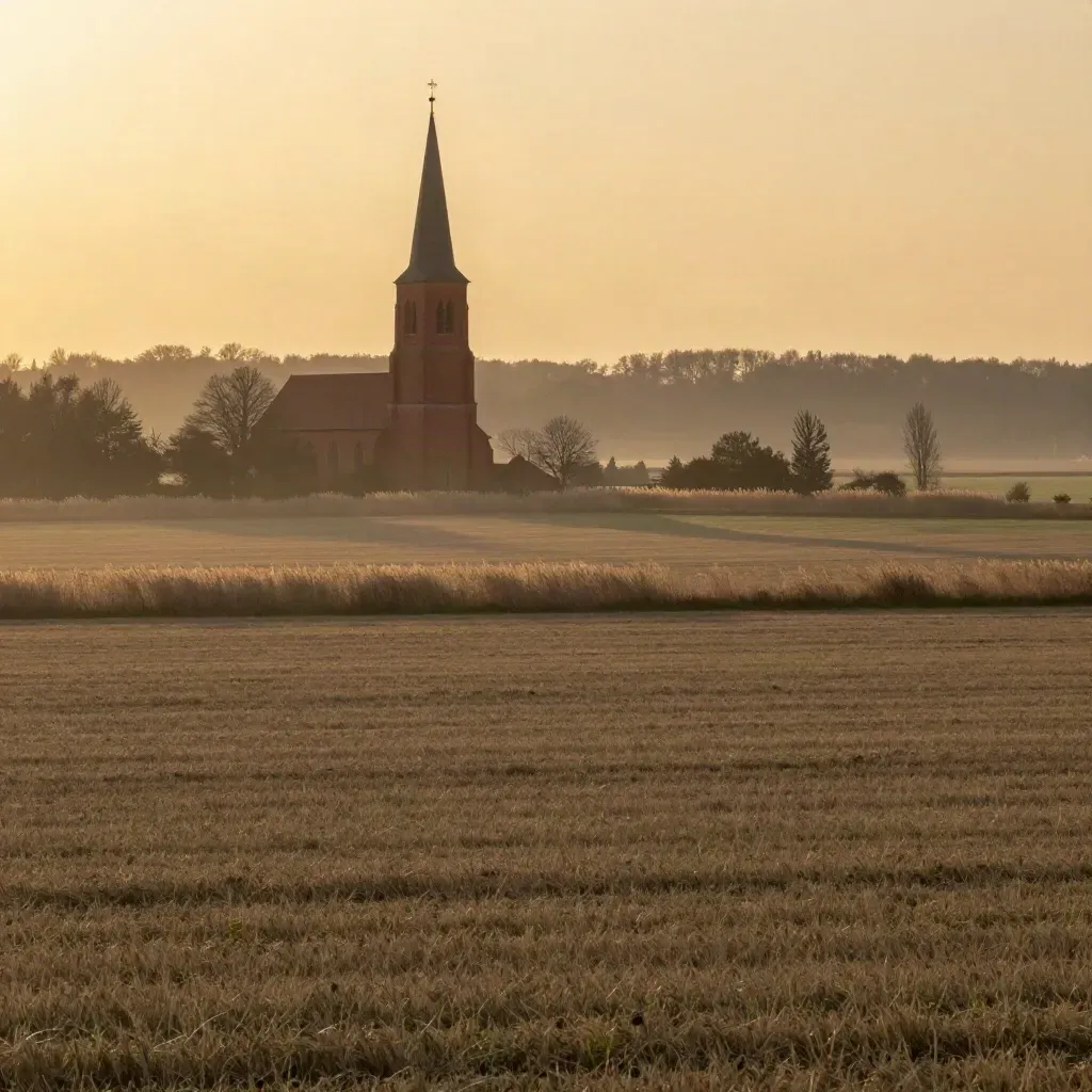 Weite Havelland-Landschaft mit rotem Kirchturm, Reetkante und glühendem Himmel im Sommerdunst.