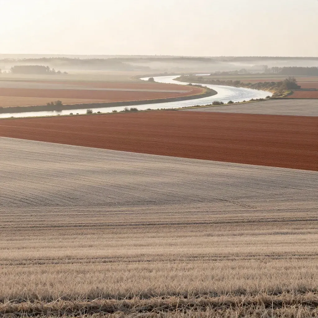 Weite deutsche Landschaft mit Feldern, Flussbogen und ruhigem Horizont im Abenddunst.