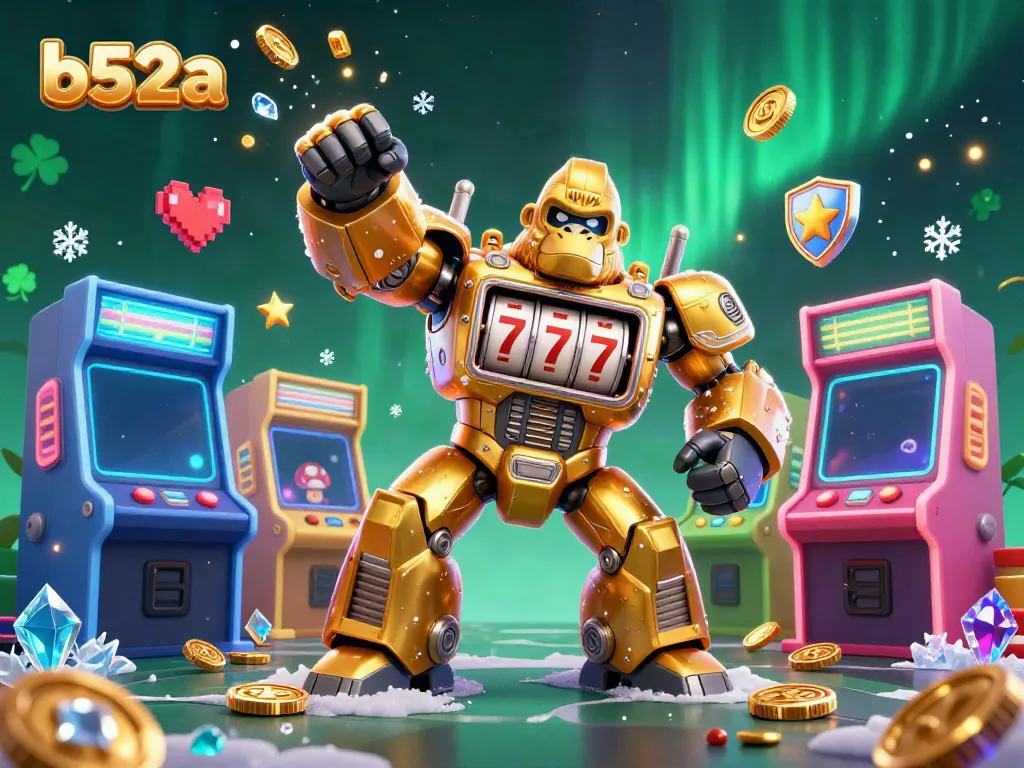 Experience thrilling gameplay at b52a with an ultra-detailed 3D casino illustration featuring a golden gorilla mech.