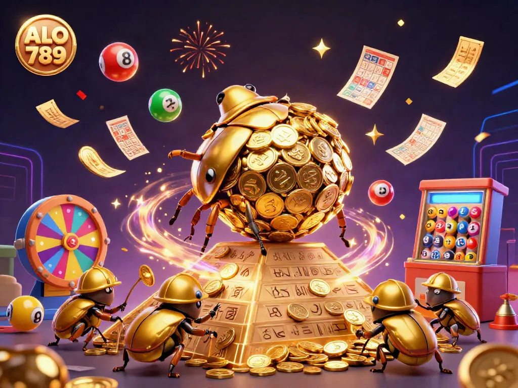 Experience the ALO 789 action with golden beetles thriving amidst colorful gaming elements.