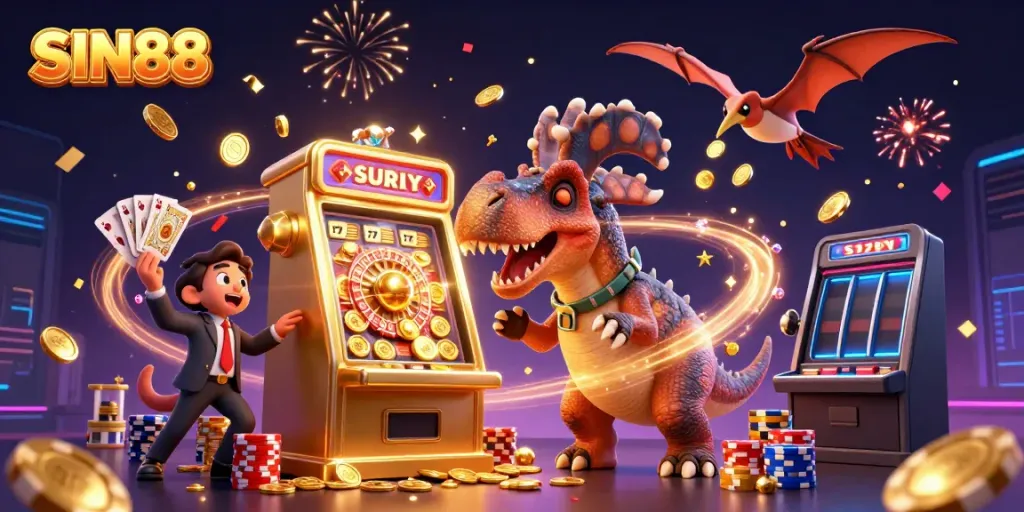 Engage with SIN88's thrilling gaming experience as characters celebrate winning jackpots with cascading coins and vibrant colors.