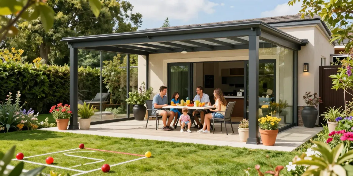 Terrassenüberdachung freistehend im Garten mit Familie und erfrischenden Getränken.