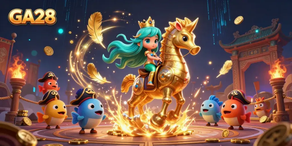 Experience the excitement of GA28 with a dynamic casino illustration featuring a mermaid, seahorse, and vibrant casino elements.