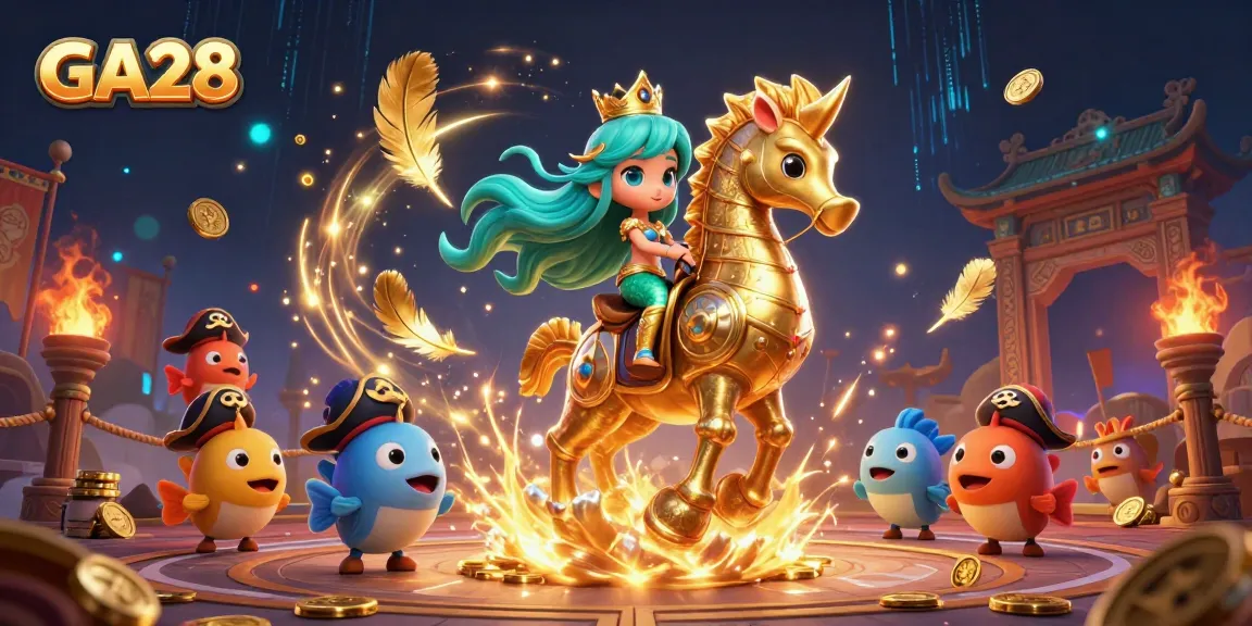 Experience the excitement of GA28 with a dynamic casino illustration featuring a mermaid, seahorse, and vibrant casino elements.
