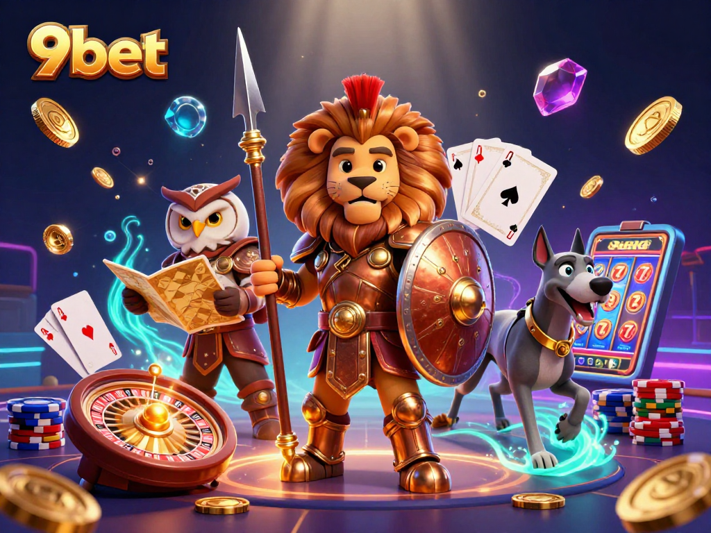 Engage with the thrilling universe of 9bet as cartoon heroes symbolize victory in a vibrant casino.