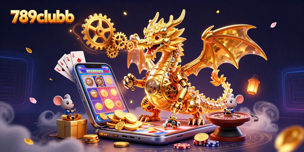 Experience thrilling gaming at 789clubb with a dynamic scene of a golden dragon and engaging slot games.
