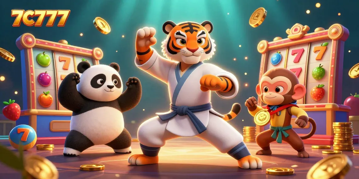 Join the excitement at 7C777 with a colorful display of slot reels and playful characters.