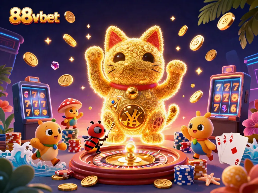 Experience excitement with 88vbet's colorful casino scene featuring lucky symbols and dynamic elements.