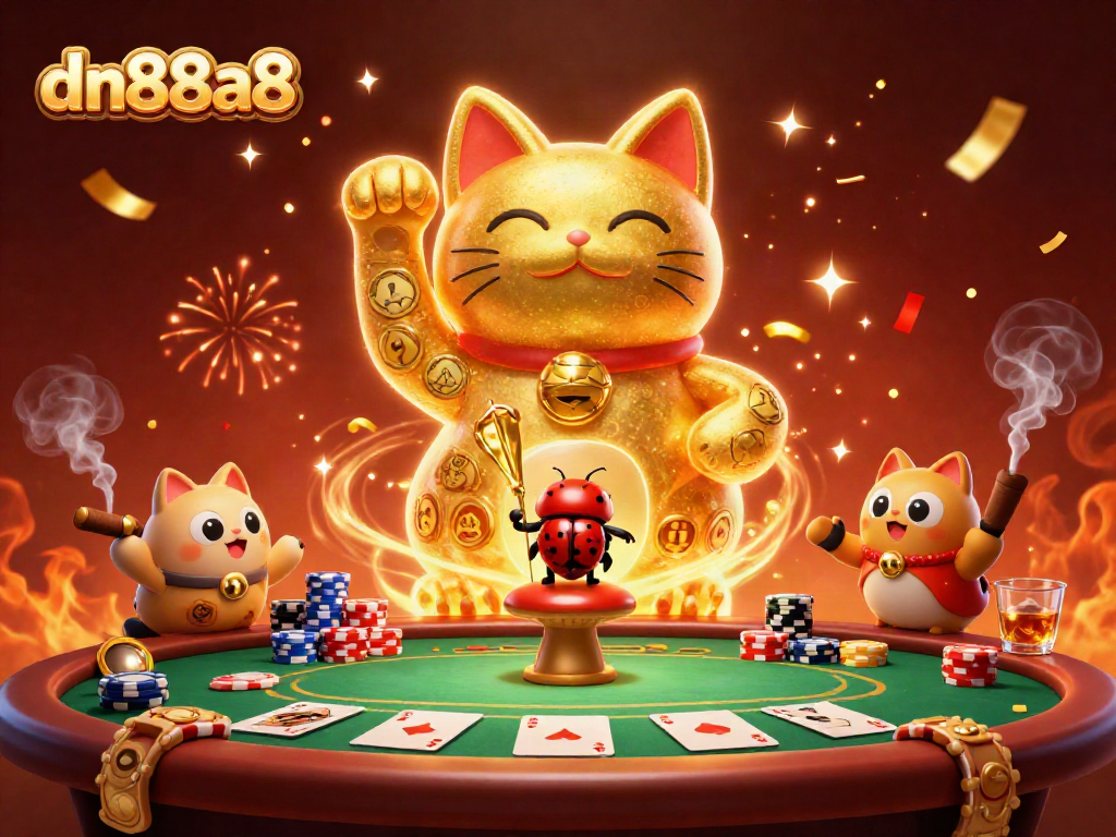 Experience thrilling gaming at dn88a8 with our colorful casino icons and lucky cat illustration.
