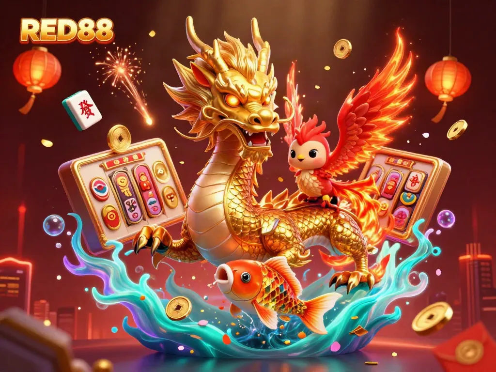 Engage in thrilling action with RED88's vibrant casino scene featuring lucky symbols and stunning 3D characters.