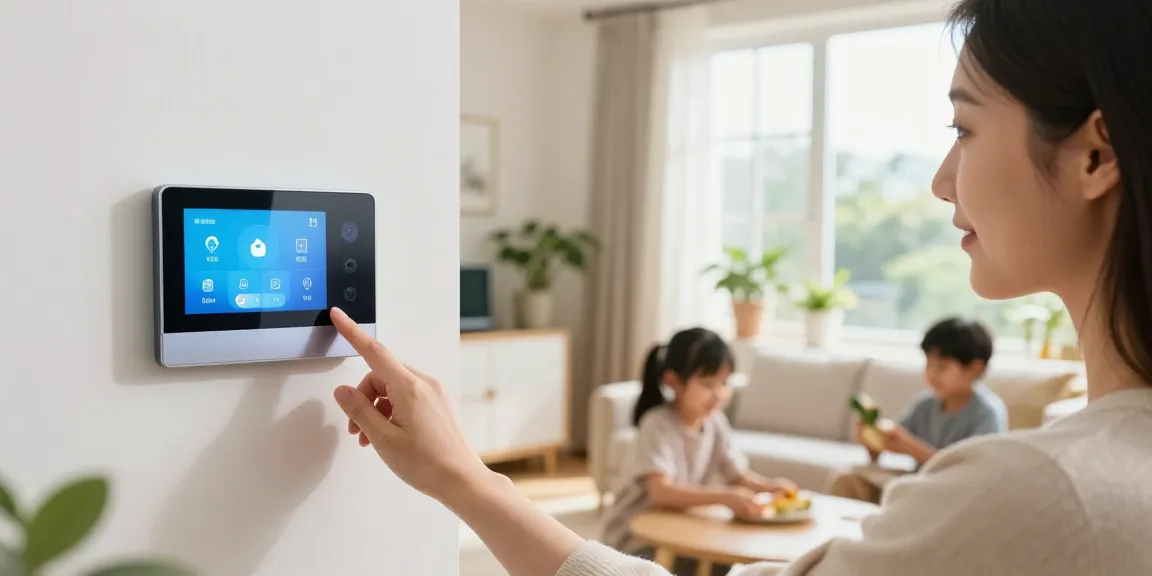 Family interacting with a smart thermostat in a bright living room, showcasing tech in a cozy home environment.