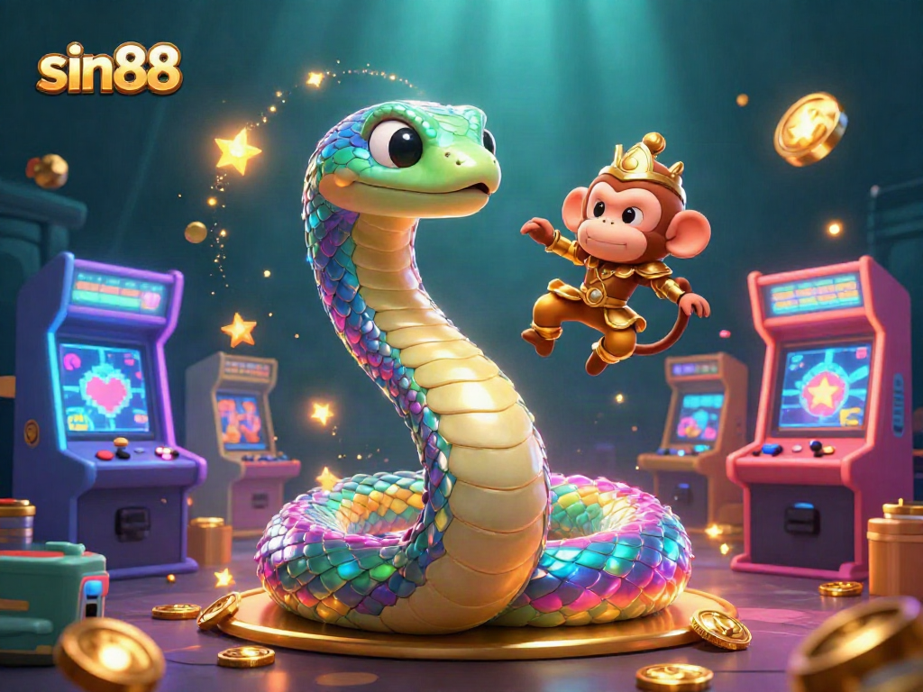Enjoy exhilarating gameplay at sin88 with a vibrant 3D casino scene featuring mythical creatures and arcade games.