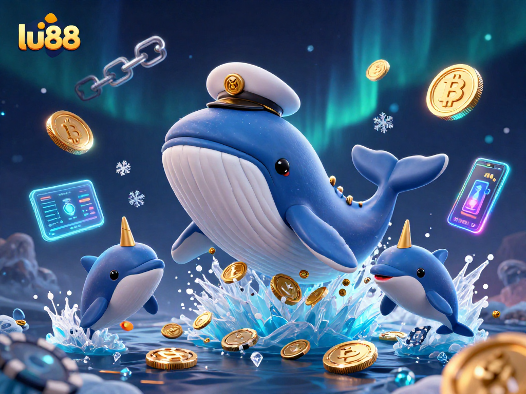 Experience exciting gaming at lu88 with an illustration of a whale and narwhal among coins.
