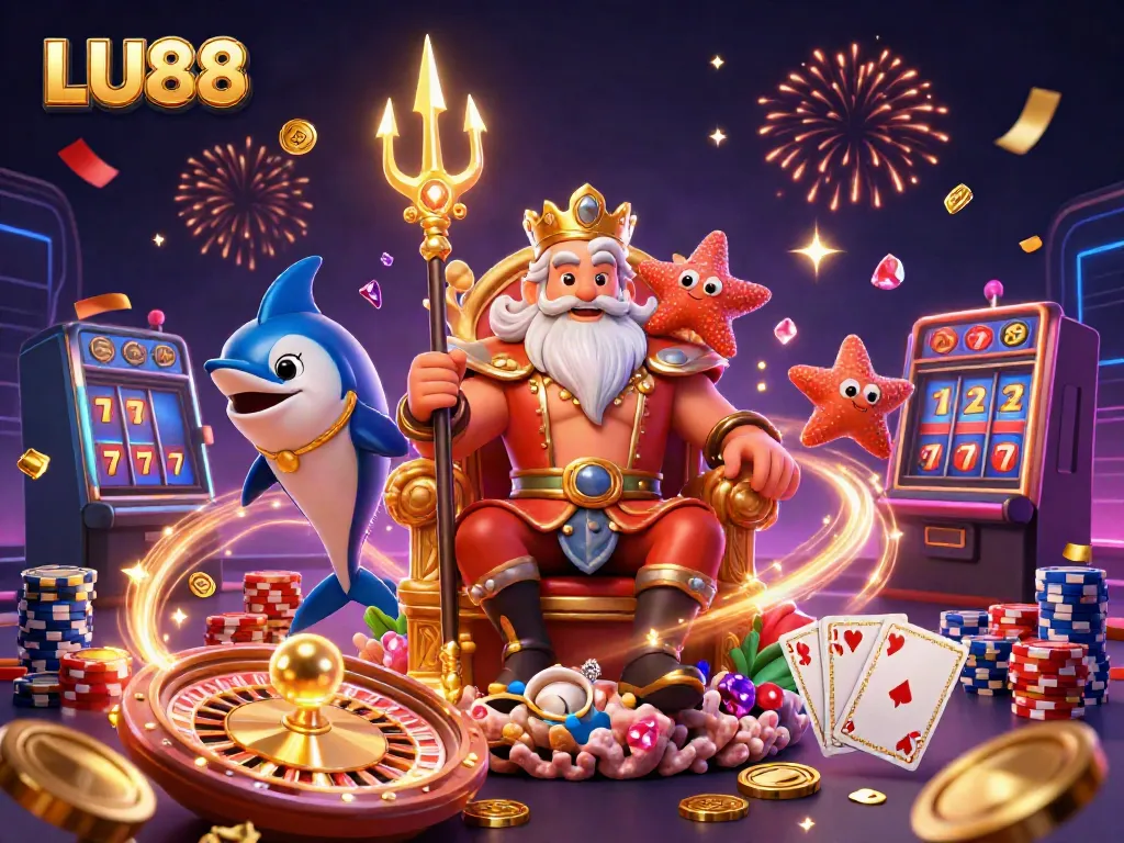 Experience LU88's thrilling casino adventure with Neptune, vibrant coins, and excitement-filled elements.