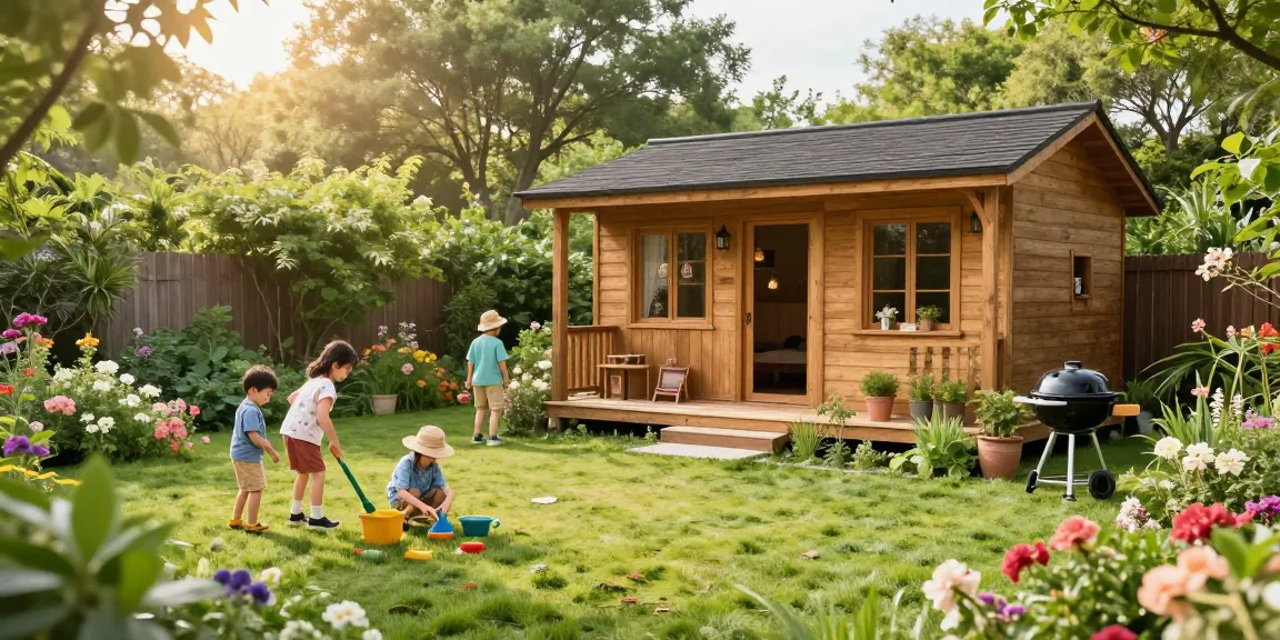 Gartenhaus Holz im blühenden Garten mit Familie, Kinder spielen und genießen die Zeit im Freien.