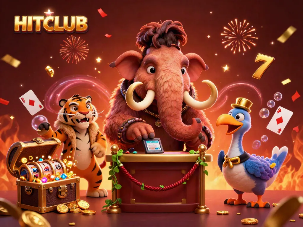 Experience HITCLUB gaming with a vibrant illustration featuring unique characters and dynamic casino elements.