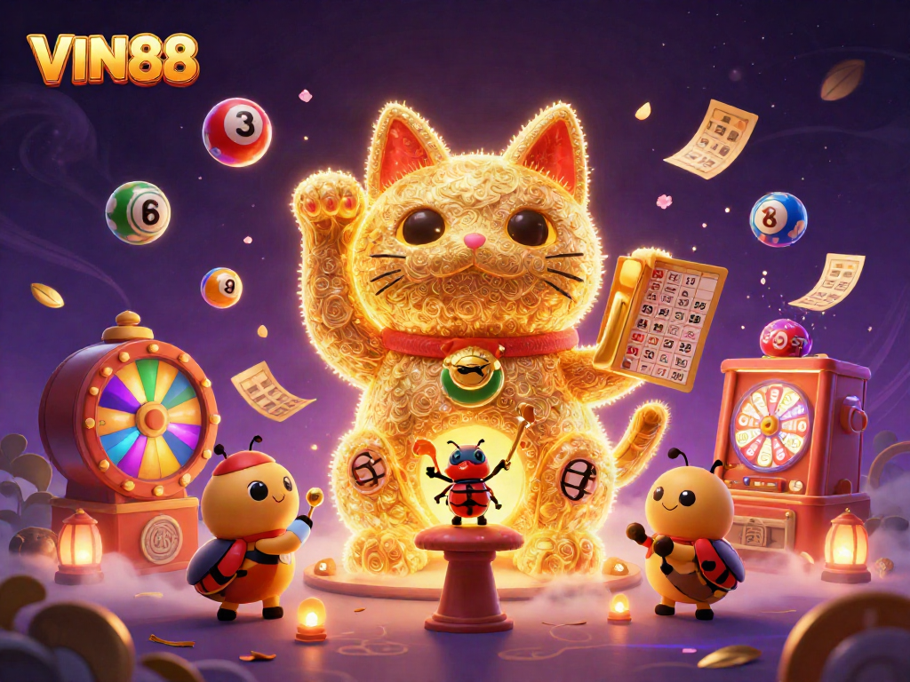 Experience the thrill of VIN88 with a captivating illustration of a lucky cat and vibrant casino elements.