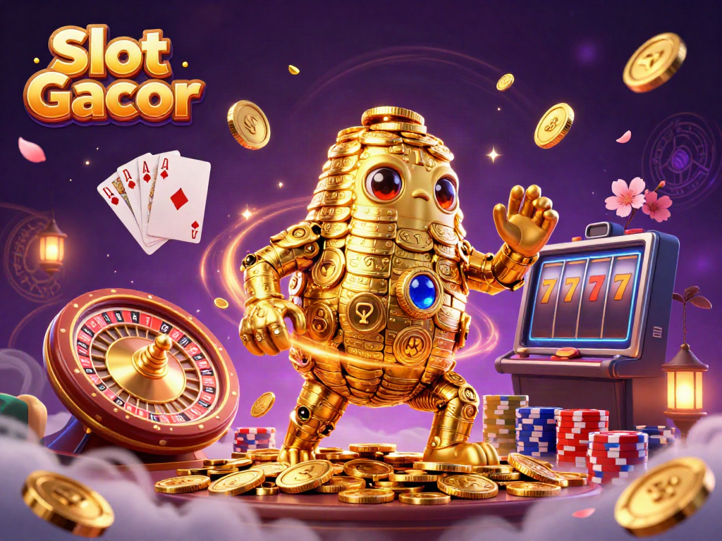 Spin to win on Slot Gacor, experiencing vibrant 3D gaming with golden golems and cascading coins.