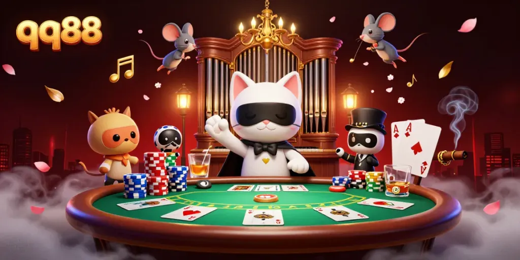 Engage in thrilling gaming with qq88 at a vibrant casino scene featuring dynamic characters and elements.