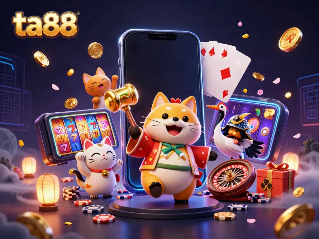 Engage with the interactive ta88 casino experience featuring a festive tanuki, lucky symbols, and exciting game elements.