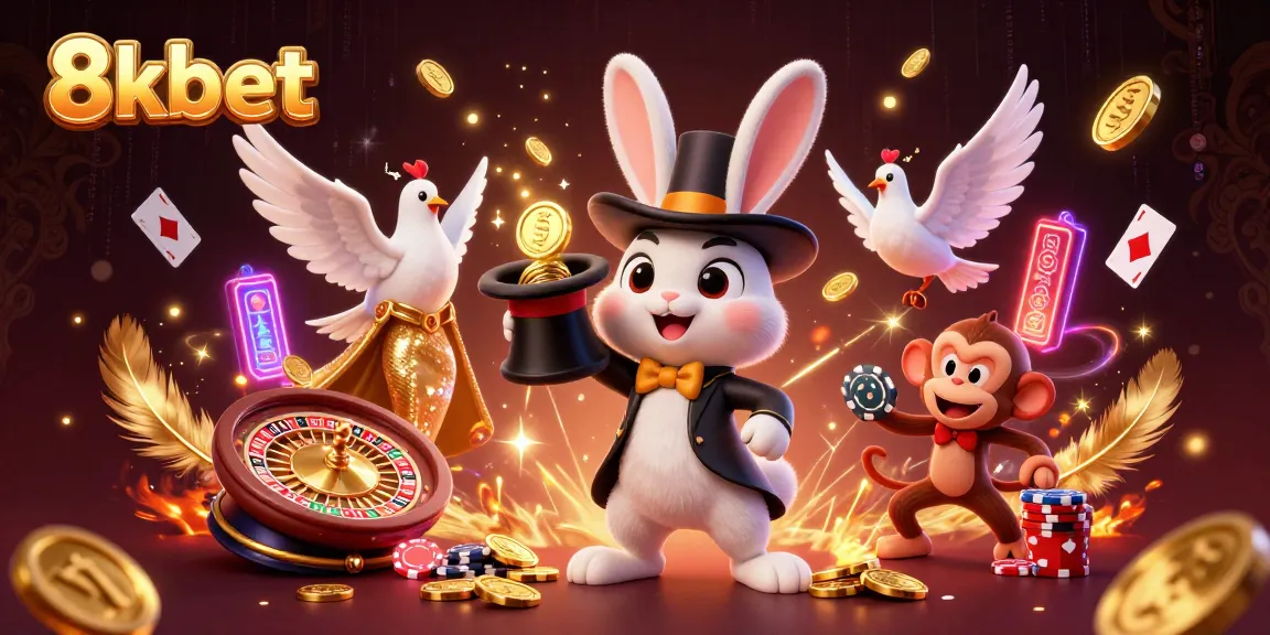 Engage with 8xbet as the magician pulls gold coins, with casino elements filling the scene.