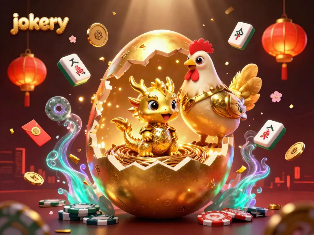 Experience the thrill of jokery with this vibrant 3D illustration featuring a golden dragon and rich casino elements.