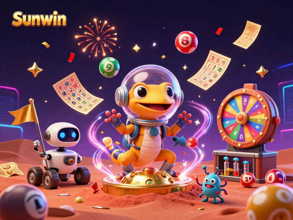 Sunwin showcases a vibrant 3D illustration of a Martian gecko in a casino scene filled with lottery excitement.