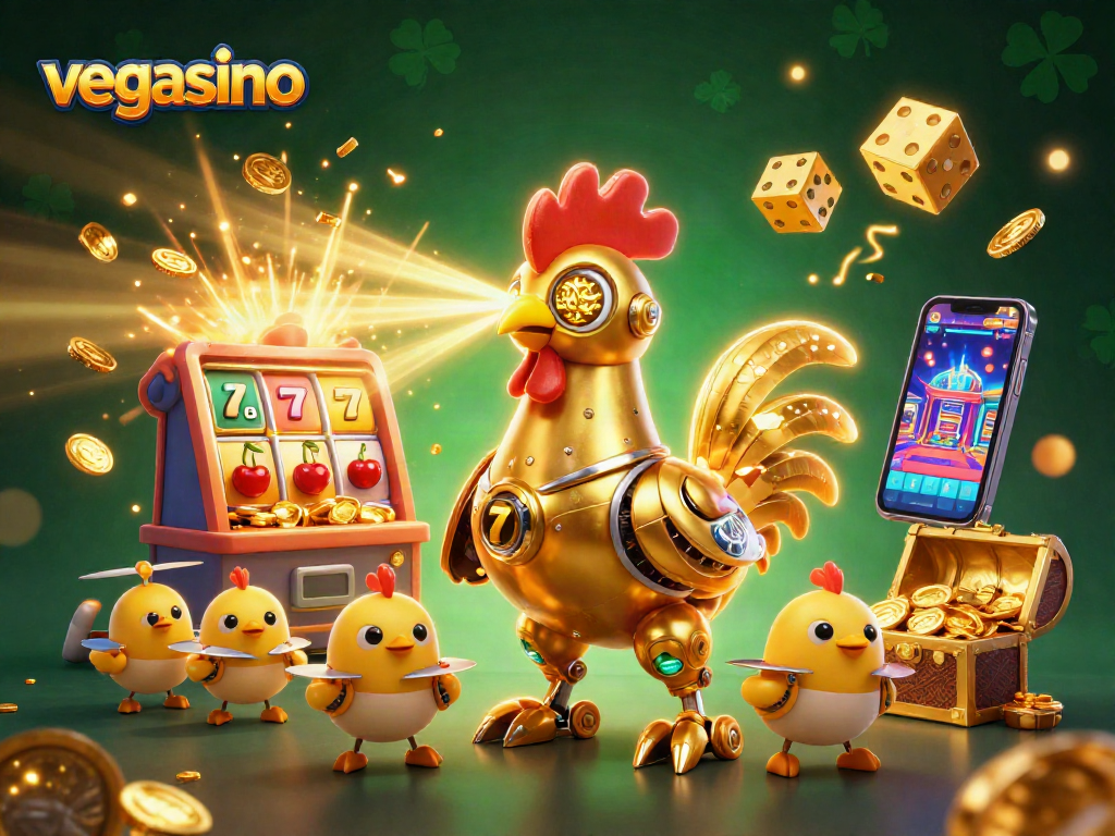 Engage in thrilling games at vegasino with a dynamic golden rooster and baby chick drones, surrounded by vibrant casino elements.