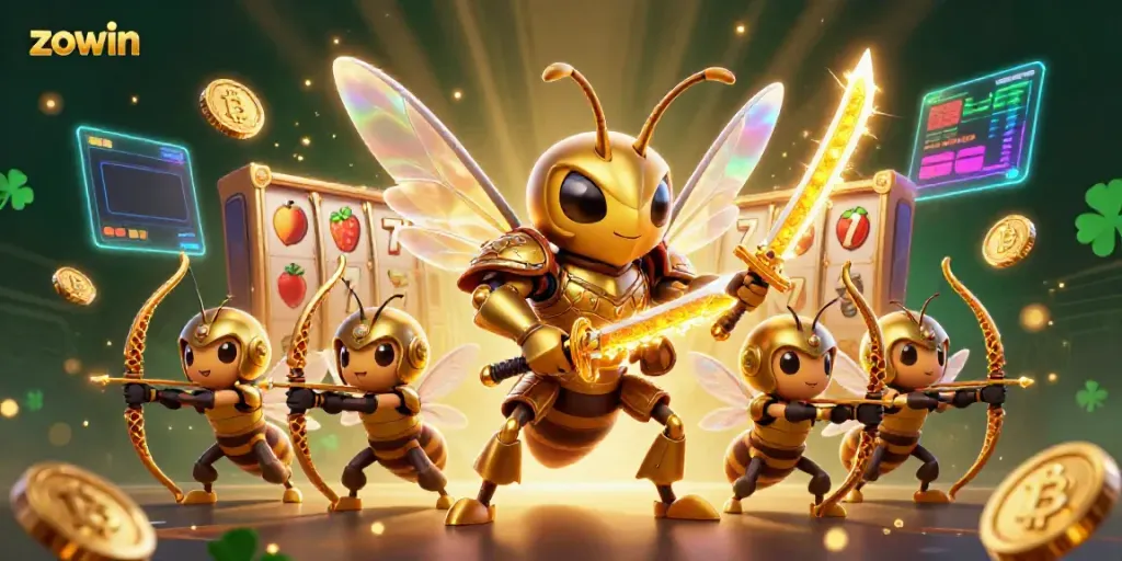 Experience thrilling gaming with zowin's vibrant 3D casino illustration featuring golden samurai hornet and slot elements.
