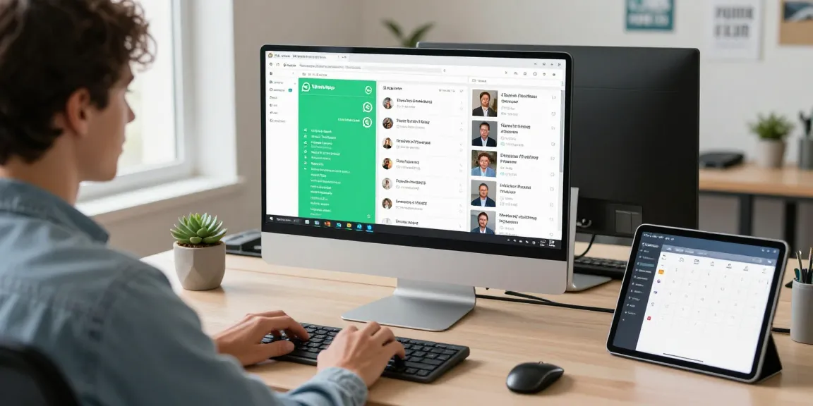 Engaging with WhatsApp電腦版 on a desktop in a productive modern office setting.