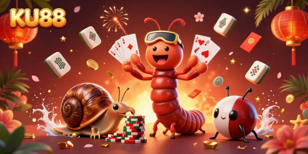 Experience the excitement at KU88 with a vibrant 3D cartoon casino scene featuring a multi-armed dealer and high-roller.