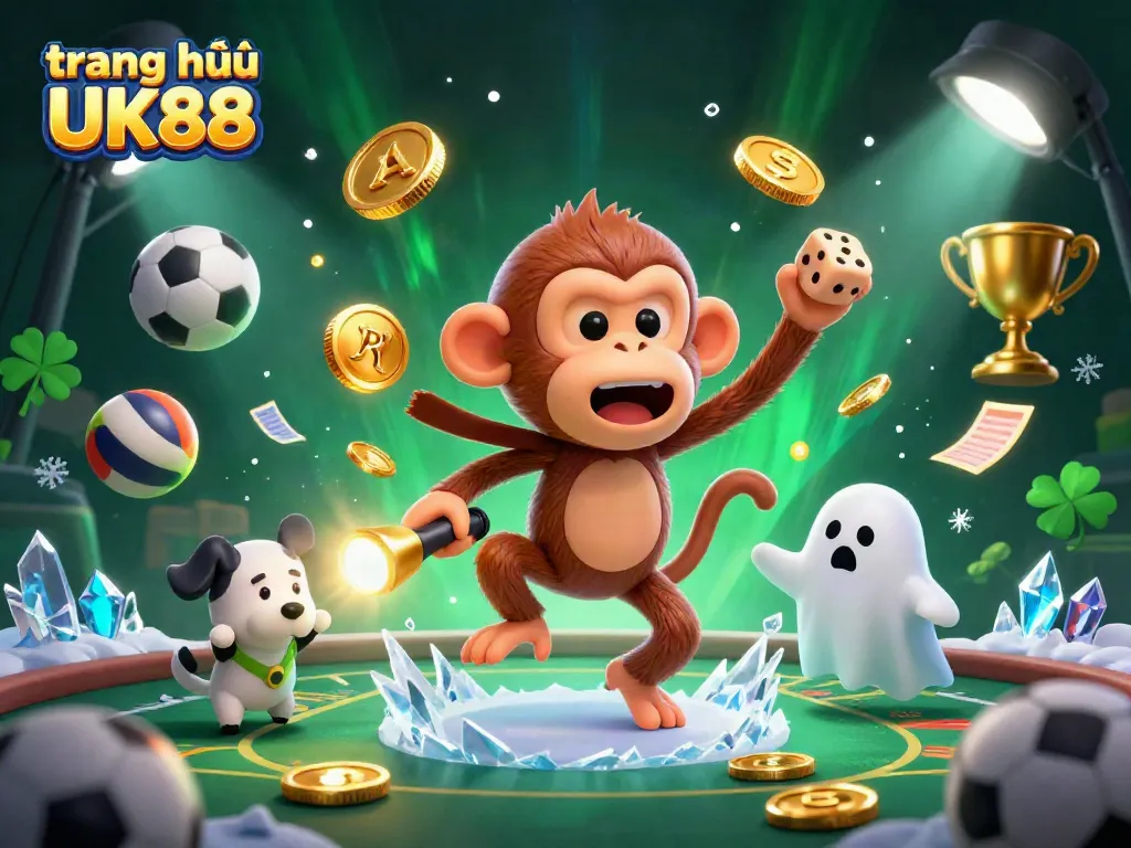 Engage with the dynamic scene of a mischievous poltergeist monkey juggling golden coins and cards at the trang chủ UK88 haunted casino, while a curious puppy tracks it.