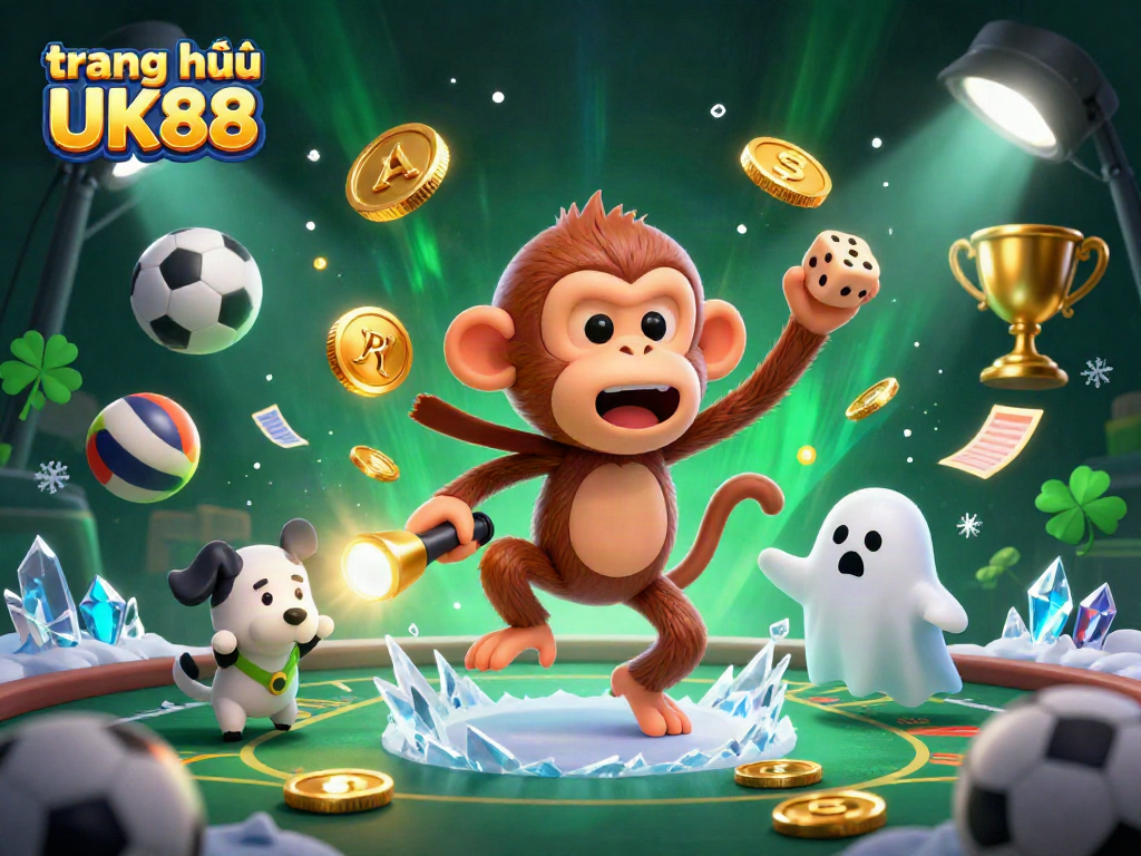 Engage with the dynamic scene of a mischievous poltergeist monkey juggling golden coins and cards at the trang chủ UK88 haunted casino, while a curious puppy tracks it.