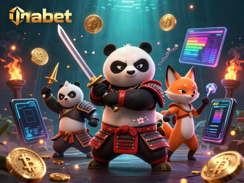 Engage in thrilling gameplay at thabet with 3D samurai panda and ninja fox in a vibrant casino scene.