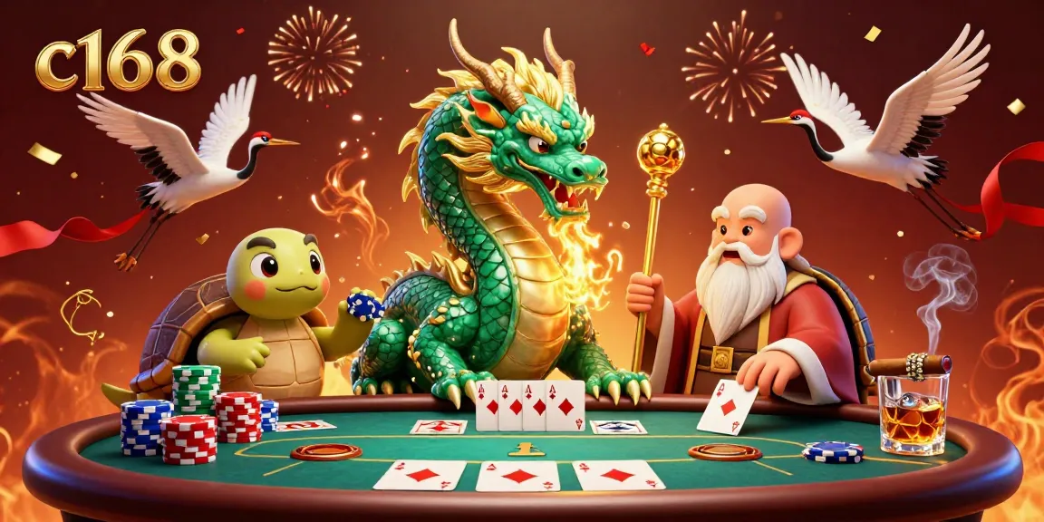 C168 casino atmosphere with a jade dragon, turtle sage, and cranes, surrounded by poker elements.