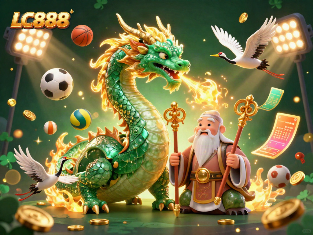 Experience the excitement of LC888 with an emerald jade dragon, wise turtle sage, and lucky cranes amidst dynamic gaming elements.
