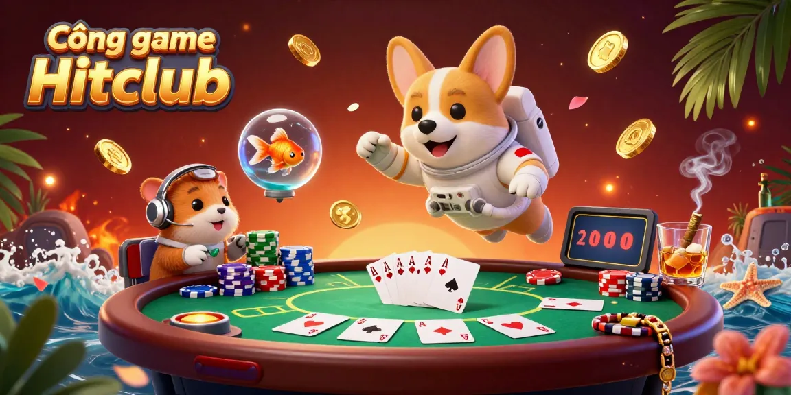 Experience thrilling games at Cổng game Hitclub featuring a dynamic casino scene with a playful astronaut corgi and vibrant poker elements.