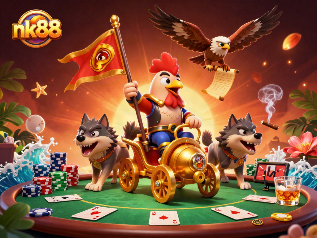 Experience thrilling gameplay with nk88, featuring a rooster warlord in a colorful casino scene.
