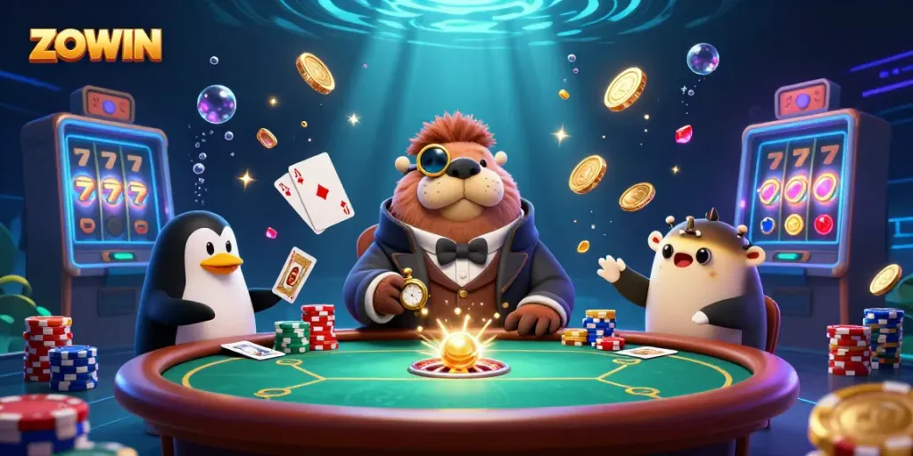 Join the fun at ZOWIN with a jolly walrus, penguin dealer, and pufferfish in this vibrant casino scene.