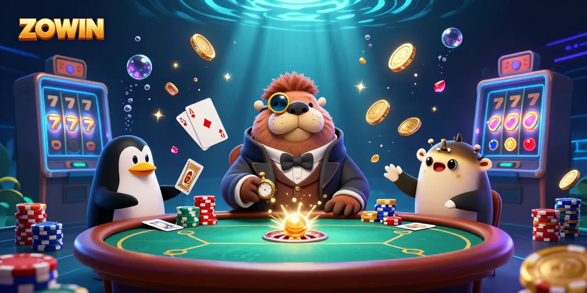 Join the fun at ZOWIN with a jolly walrus, penguin dealer, and pufferfish in this vibrant casino scene.