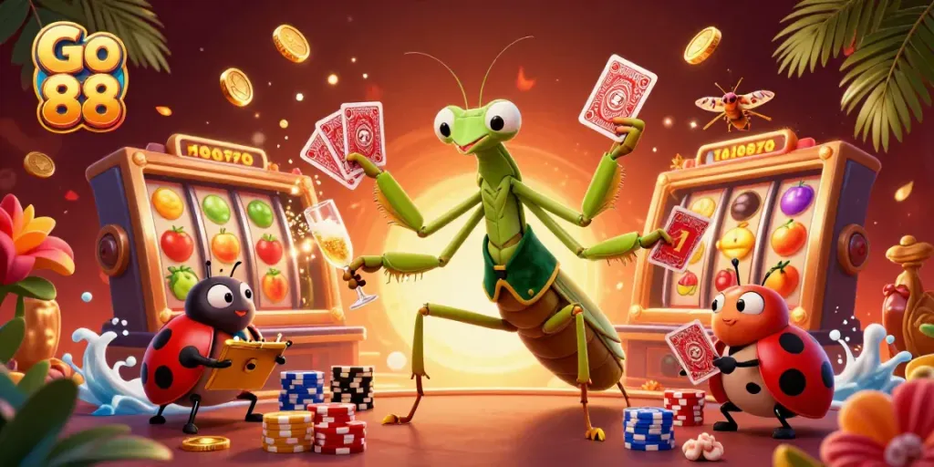 Experience gaming excitement with Go 88's vibrant casino scene filled with winning slots and dynamic characters.